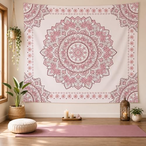 Pink Boho Mandala Wall Tapestry - Floral Aesthetic Room Decor (51x60 in)