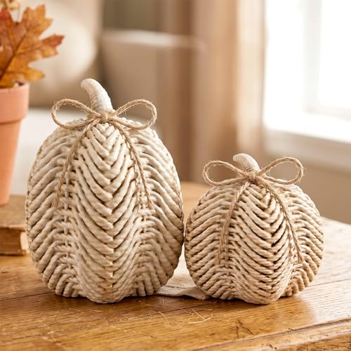 Set of 2 Resin Pumpkin Figurines, Faux Rattan White Fall Tabletop Decor