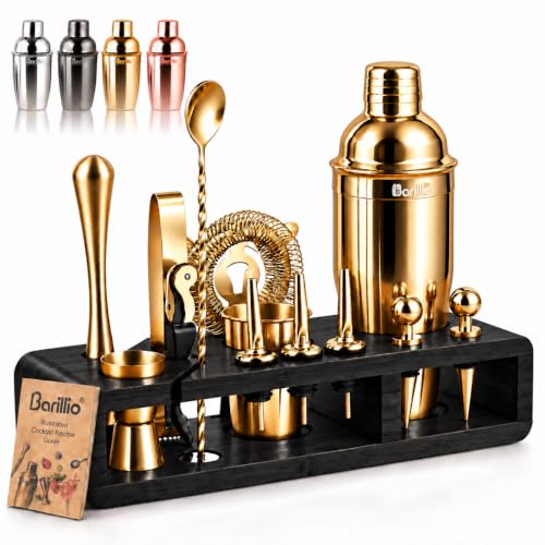 Gold Bartender Kit with Black Bamboo Stand - 23-Piece Cocktail Bar Set for Home Use