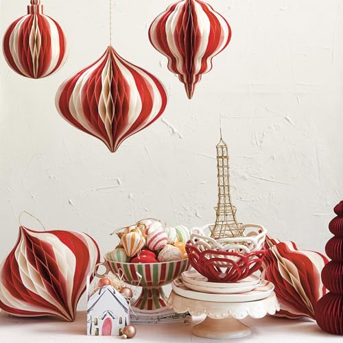 Red Cream Honeycomb Paper Ornament – Glittering 7" Christmas Decoration