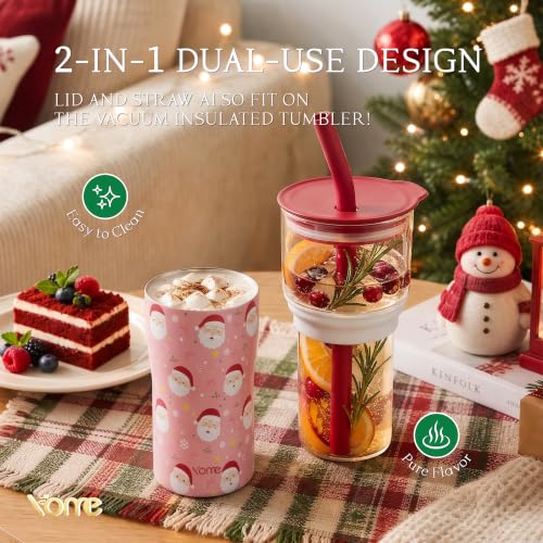 Christmas Insulated Glass Tumbler with Lid & Straw - 20oz Stainless Steel Iced Coffee Cup Gift