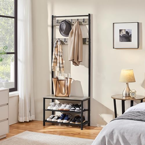 3-in-1 Hall Tree with Storage Bench, Shoe Rack, and 9 Movable Hooks, Gray