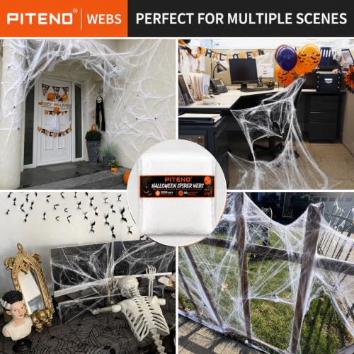Piteno Stretchable Halloween Spider Webs with 40 Fake Spiders - 1200 Sq Ft White Cobwebs for Indoor and Outdoor Yard Decor