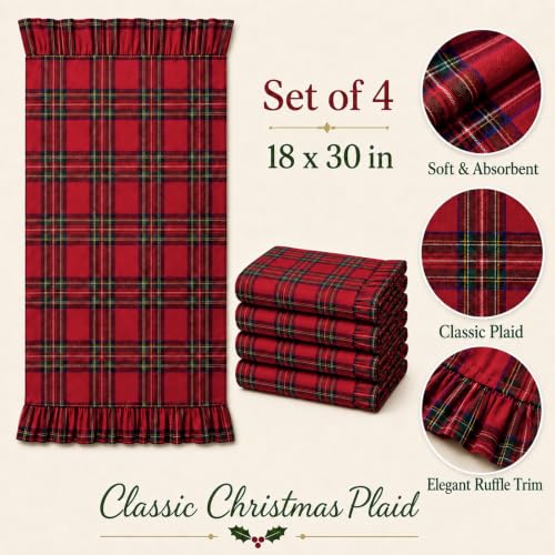 Red Plaid 4-Piece Christmas Kitchen Towels with Ruffles - 18x30 inches