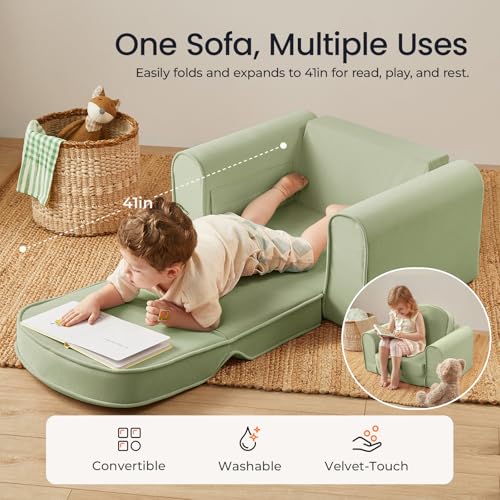 2-in-1 Foldable Kids Couch - Convertible Toddler Sofa Chair with Pocket, Green