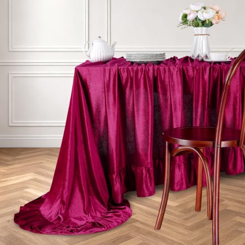 SoarDream Burgundy Velvet Tablecloth 60x120 in with 6-in Ruffle - Rectangular