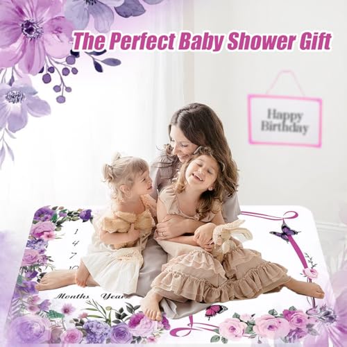 NCTDSUKAY Milestone Blanket for Baby Girl (Purple 60x40 Inches), with Photo Aid Frame, Saliva Towel, Erasable Writing Board, Hair Band, Documenting Growth。