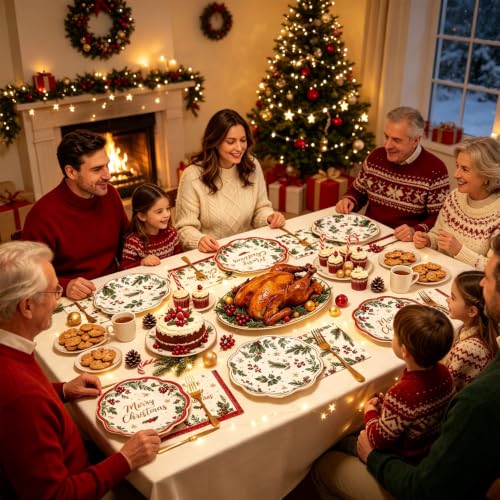 CENLBJ 100Pcs Christmas Plates & Napkins Set, Holly Berry Pine Cone 9in/6.5in - Vines Variation