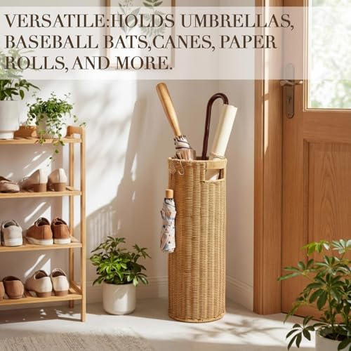 21-Inch Tall Rattan Umbrella Stand with Drip Tray and Hooks