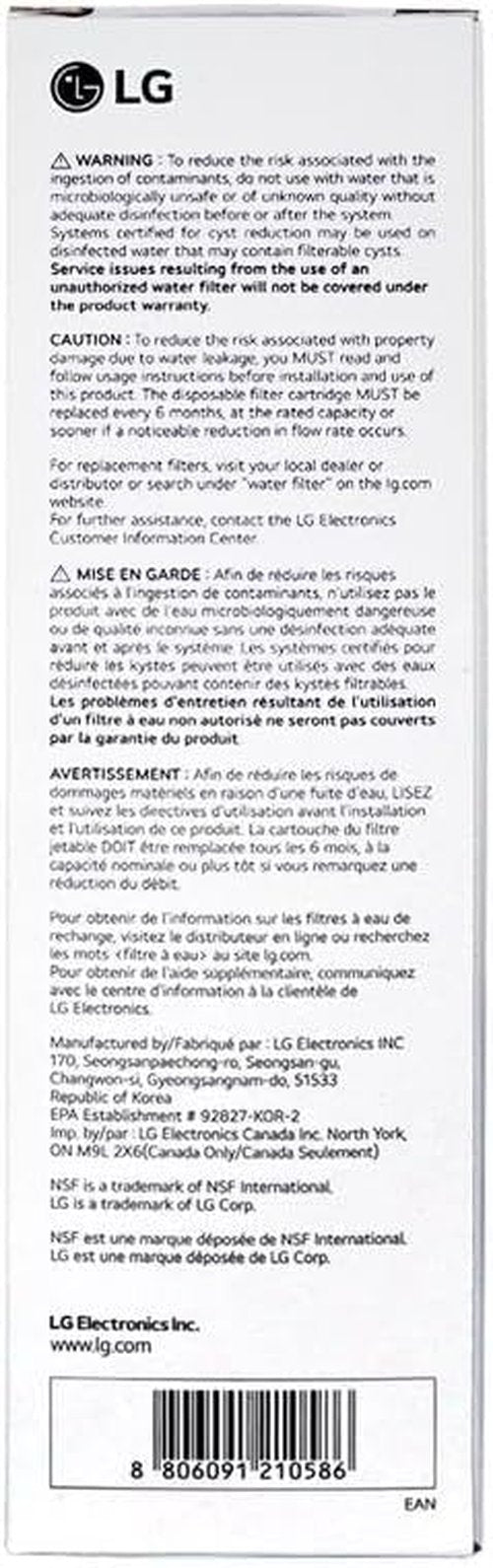 LG LT1000P Refrigerator Water Filter - 6 Month/200 Gallon Capacity, NSF Certified - White