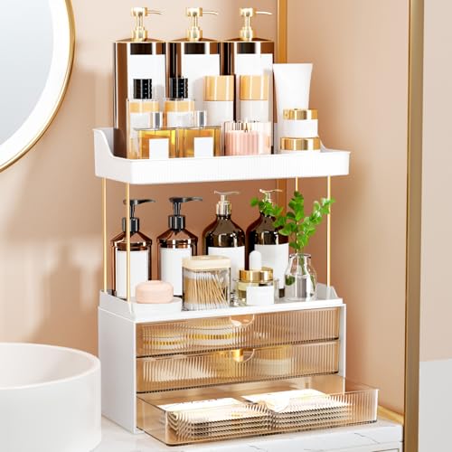 5-Tier Acrylic Makeup Organizer with 3 Drawers, Gold Frame Vanity Storage
