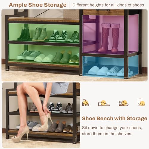 7-in-1 Hall Tree with Bench, Shoe Storage, Coat Rack, and RGB LED Lights