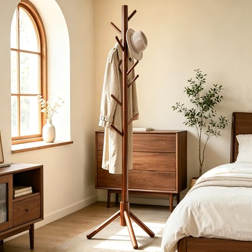 Freestanding Wooden Coat Rack Stand with 8 Hooks, 3 Adjustable Heights