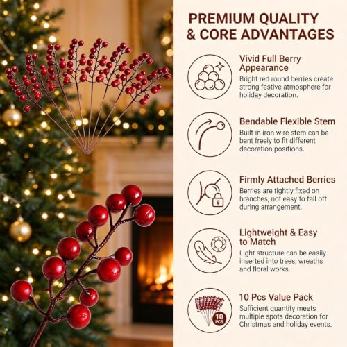 UPSTORE 10-Pack Artificial Red Berry Stems - 20cm Foam Berries with Flexible Wire