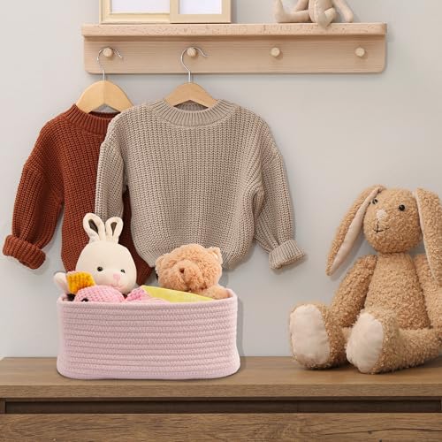 Small Woven Storage Baskets for Shelves, Pink Cotton Rope Bins 3-Pack