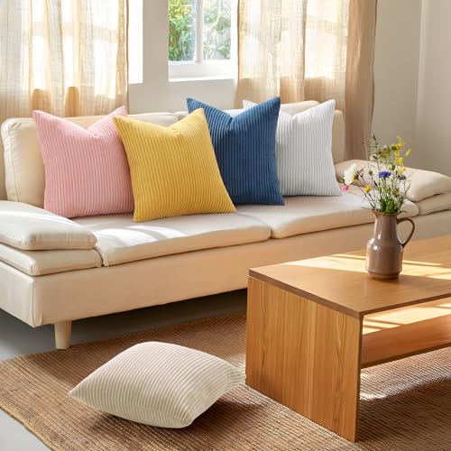Corduroy Throw Pillow Covers 18x18 Cream White - Set of 2 Soft Striped Cases