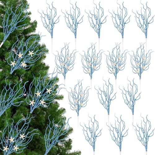 Coastal Blue Glitter Picks 15-Piece Set | Ocean-Themed Christmas Sprays