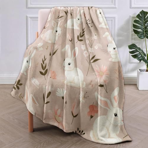 VANZEV Bunny Rabbit Fleece Blanket 60x80 in - Cute Floral Cozy Throw for Kids & Adults, Plush Home Decor