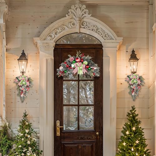 Valery Madelyn Christmas Teardrop Swag with Elf Decoration, Red Green White, 24 Inch