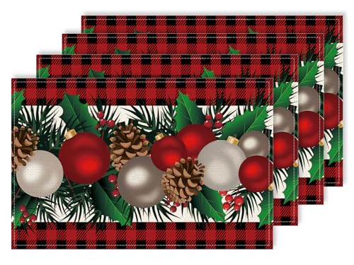 HIUCUS Christmas Placemats Set of 4 12x18 Inch Winter Holiday Table Mats Red & Black Buffalo Check Linen
