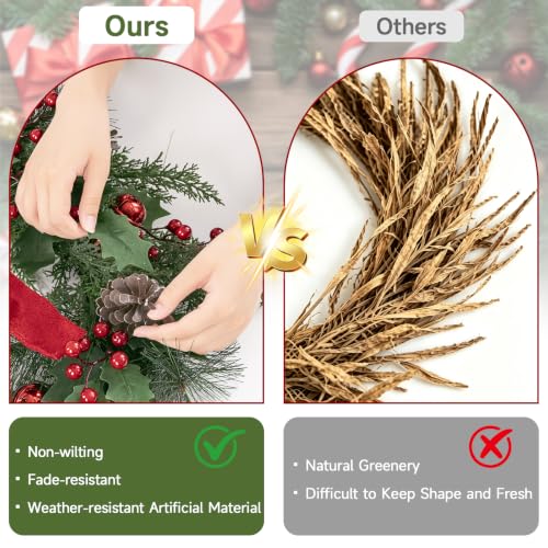24 Inch Red LED Christmas Wreath Front Door, 50 Lights, Battery Powered