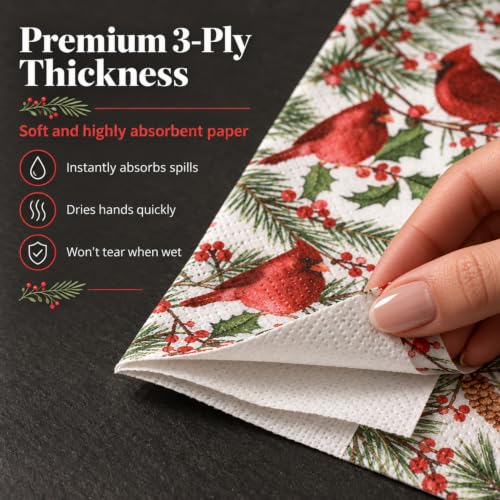 Christmas Cardinal Disposable Paper Napkins 100 Pack for Holiday Parties