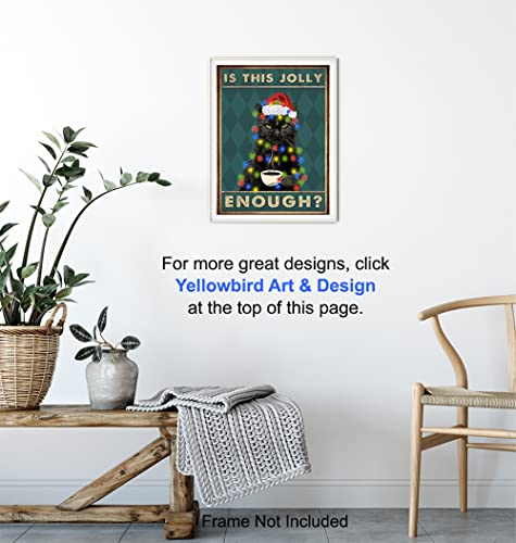 Cat Christmas Wall Art - Unframed 8x10 Black Cat Santa Holiday Decor