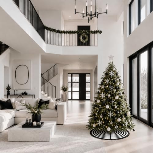 30 Inch Burlap Christmas Tree Skirt - Black & White Stripe with Pom Pom Trim