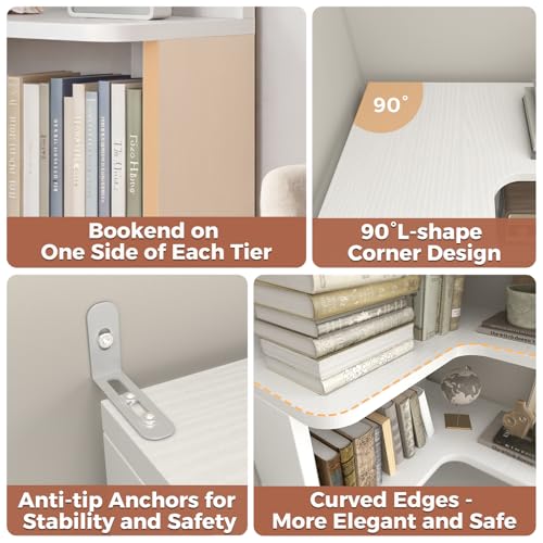 6-Tier Corner Bookshelf, L-Shaped Space-Saving Storage Display Stand, White