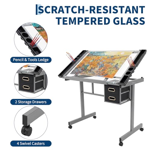 Adjustable Glass Drafting Table with Wheels, Drawers and Storage Trays