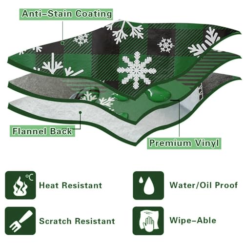 SASTYBALE Checkered Christmas Tablecloth 60x120 in Green & Black with Flannel Backing, Waterproof Snowflake Design