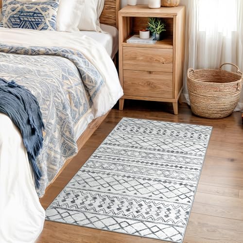 2x3 Grey Moroccan Boho Washable Area Rug, Non-Slip Low Pile Door Mat