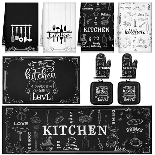 10-Piece Farmhouse Kitchen Decor Set: Towels, Rugs, Oven Mitts & Pot Holders