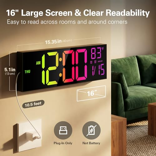 16-Inch Large Digital Wall Clock with RGB Display, Timer & Dual Alarm