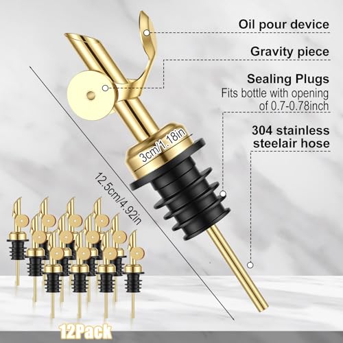 Afcabakila 12-Pack Stainless Steel Oil & Liquor Bottle Pourers with Flip Cap, Gold