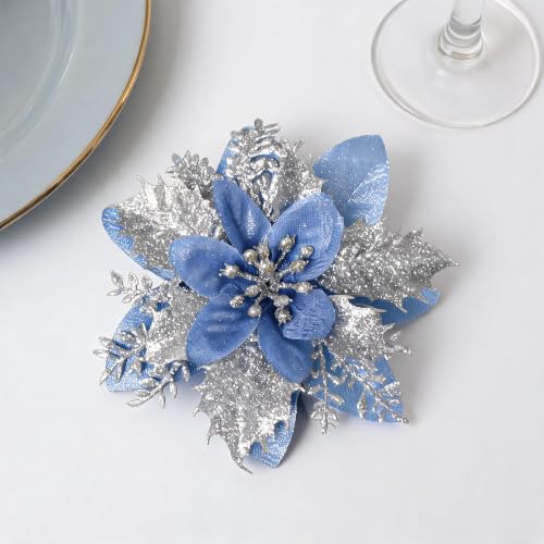 Blue Glitter Poinsettia Flowers 5.5in - 15 Pack with Clips for Christmas Tree, Wreaths & Garlands (Variation: Blue)