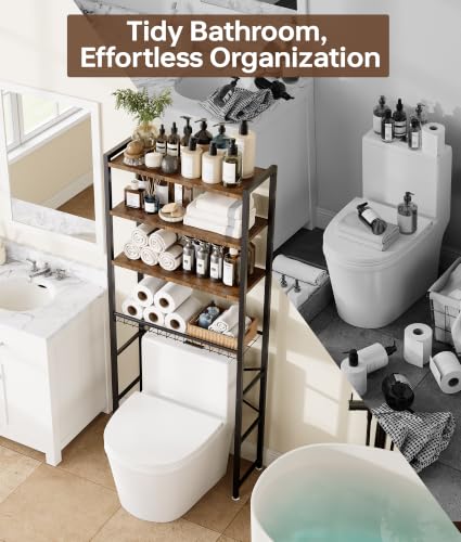 4-Tier Over-the-Toilet Storage Rack with Wooden Shelves & Net Basket