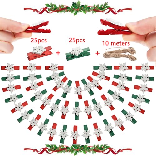 50pcs Red & Green Snowflake Mini Clothespins - Wooden Photo Clips for Christmas Cards & Crafts