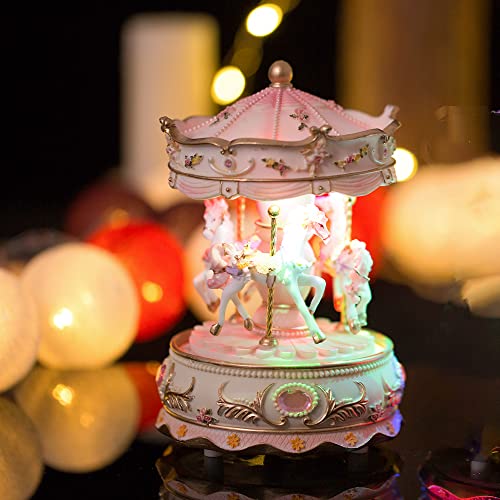 Rotating Carousel Music Box with Color Lights and Horses, Gift Wrapped