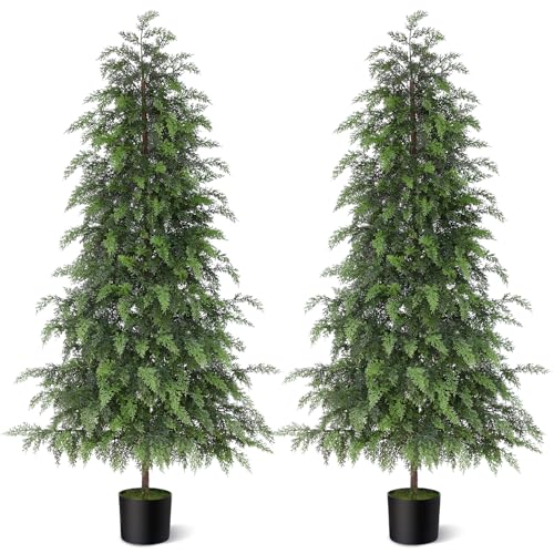 5ft Artificial Cedar Trees, Set of 2 UV-Resistant Potted Faux Pine Plants