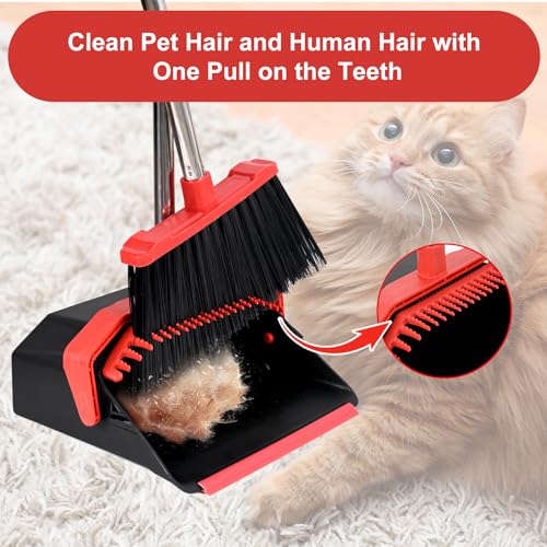 Broom and Dustpan Set with 51" Long Handle & Self-Cleaning Teeth