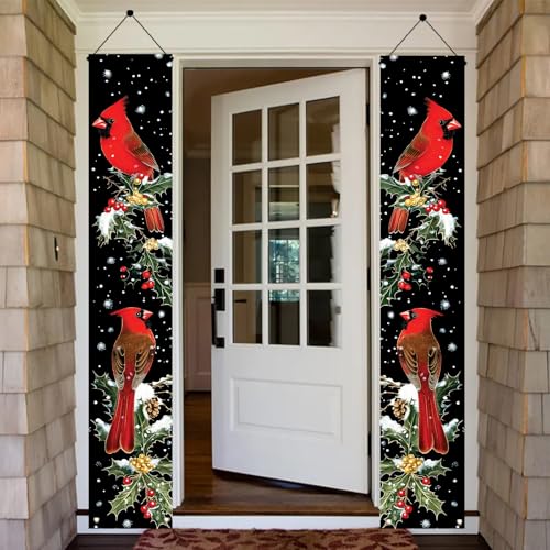 Christmas Cardinal Porch Banner Set 71x12 Inch Winter Holiday Door Decor with Holly & Snow Scene - Saoplasa