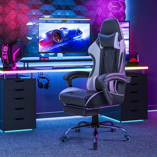 Ergonomic Gaming Chair with Footrest and Massage Lumbar Support - White