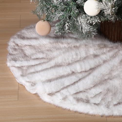 72 Inch Faux Fur Christmas Tree Skirt - Thick White Brown Tip Luxury Decor