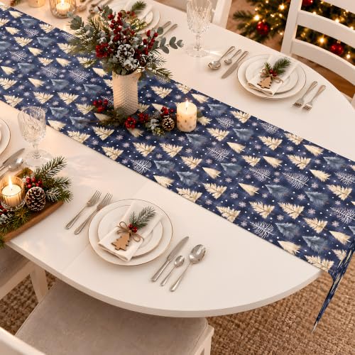 OHOME Navy Blue Xmas Tree Snowflake Winter Table Runner - Christmas Decorations, 73x13 inches, Festive Table Decor
