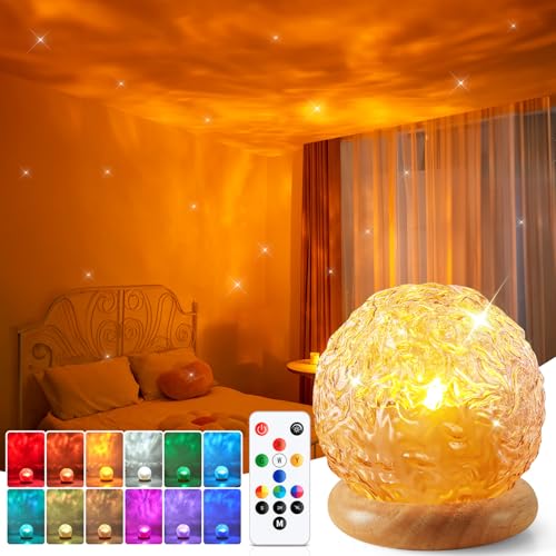 3-in-1 Ocean Wave & Sunset Projector Lamp - Crystal Glass & Wood Base RGB Light