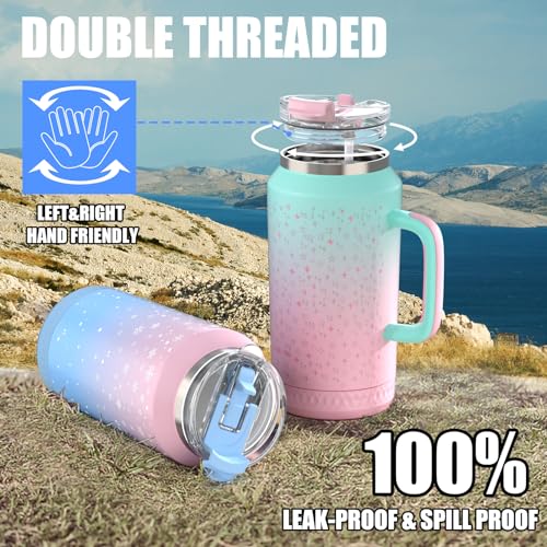 64 oz Insulated Stainless Steel Tumbler with Handle and Leak-Proof Straw