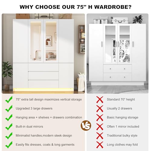 Modern 4-Door Wooden Wardrobe Armoire with Mirror, Drawers & RGB LED Lights