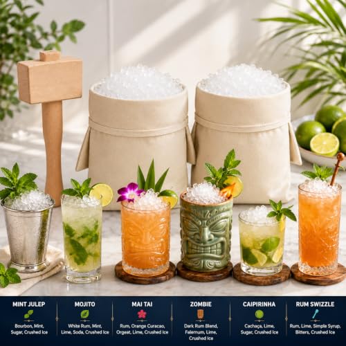 Einiovul Natural Wood Lewis Bag & Ice Mallet Set for Cocktails - Off White