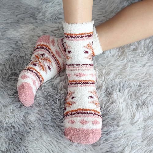 Horuru Women's Fuzzy Cozy Slipper Socks Pink White - Winter Warm Gift